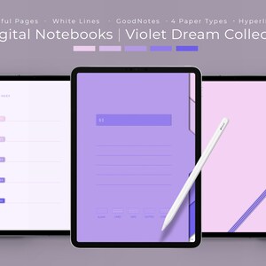 Puede incluir: Cinco cuadernos digitales de la colección Violet Dream se muestran en tabletas. Las tabletas muestran páginas coloridas, líneas blancas y varios tipos de papel. Un lápiz óptico blanco descansa sobre una tableta. El texto incluye "Colorful Pages", "White Lines" y "5 Digital Notebooks".