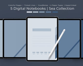 Digital Notebook Set 5 Pack | Sea Blue Color | GoodNotes | Digital Paper Templates | iPad | Hyperlinked PDF