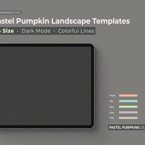 Può includere: Un mockup di tablet digitale con uno sfondo a griglia grigio scuro. Il tablet è circondato da un bordo bianco. Il testo "Pastel Pumpkin Landscape Templates" è nella parte superiore dell'immagine. Sotto il testo, dice "A4 Size - Dark Mode - Colorful Lines". L'angolo in basso a destra dell'immagine mostra una tavolozza di colori con i nomi "Peach", "Sky", "Mint", "Lilac" e "Grey". Il testo "PASTEL PUMPKINS COLLECTION" è sotto la tavolozza di colori.