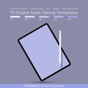 May include: A digital tablet with a light blue screen and a white stylus. The tablet is tilted at an angle and has a black border. The text "75 Digital Note Taking Templates" is displayed above the tablet. The text "HYDRANGEA | Student Essentials" is displayed below the tablet.