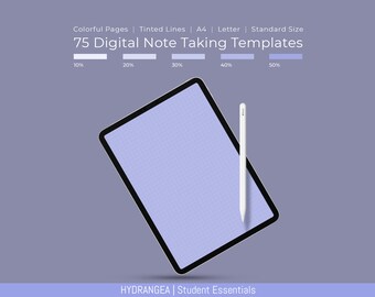 May include: A digital tablet with a light blue screen and a white stylus. The tablet is tilted at an angle and has a black border. The text "75 Digital Note Taking Templates" is displayed above the tablet. The text "HYDRANGEA | Student Essentials" is displayed below the tablet.