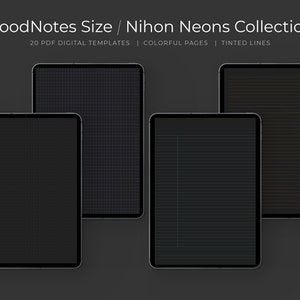 Op de afbeelding: Vier digitale notitieboekjes met verschillende gekleurde lijnen op een donkergrijze achtergrond. De notitieboekjes zijn gelabeld "GoodNotes Size / Nihon Neons Collection 20 PDF DIGITAL TEMPLATES | COLORFUL PAGES | TINTED LINES"