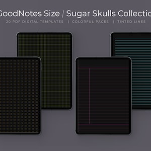 May include: Four digital planner pages in a GoodNotes size, featuring different grid and lined styles. The pages are black with colored lines in yellow, green, pink, and blue.