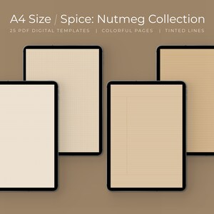 May include: Four digital planner templates in A4 size with a nutmeg color scheme. The templates feature a blank page, a grid, lined paper, and wide-ruled paper.