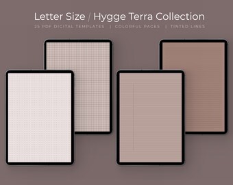 Pode incluir: Quatro modelos de planejador digital em tamanho carta com diferentes estilos de grade. Os modelos são exibidos na tela de um tablet. Os modelos são de cor marrom claro com linhas coloridas. O texto na imagem diz "Letter Size / Hygge Terra Collection 25 PDF DIGITAL TEMPLATES | COLORFUL PAGES | TINTED LINES".