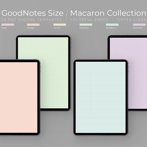 May include: Six digital notepads in different pastel colours, including rose, mango, lemon, pistachio, blueberry, and lavender. Each notepad has a different style of lines, including grid, lined, and plain. The notepads are labelled with the GoodNotes Size / Macaron Collection title and the text "30 PDF DIGITAL TEMPLATES COLORFUL PAGES TINTED LINES".