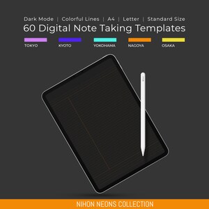 Può includere: Un tablet digitale nero con una stilo bianca, che presenta un motivo a griglia e il testo "60 Digital Note Taking Templates". Il tablet è su uno sfondo grigio scuro con il testo "NIHON NEONS COLLECTION" in basso.