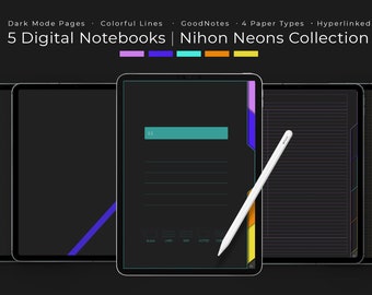Digital Notebook Set 5 Pack | Dark Mode | GoodNotes | Nihon Neons | iPad | Hyperlinked PDF