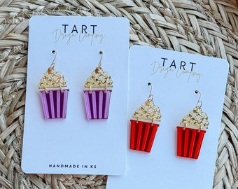 Popcorn Lovers Acrylic Dangle Earrings / Movie Popcorn Earrings / Whimsical Film Earrings