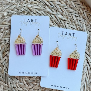 Popcorn Lovers Acrylic Dangle Earrings / Movie Popcorn Earrings / Whimsical Film Earrings
