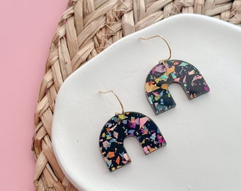 Black and Confetti Flake Glitter  Boho Dangle Earrings