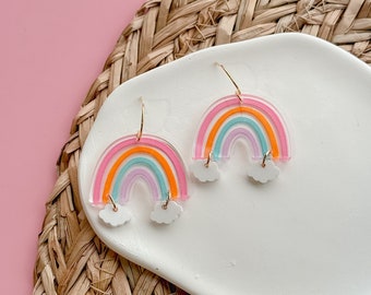 Handpainted Rainbow Cloud Dangles in Acrylic / Spring St Patricks Day Earring