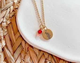 Mini Birth Flower Pendant with birthstone Necklace / Mothers Gift