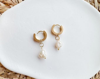 Golden Huggie Earrings with Fresh Water Pearls