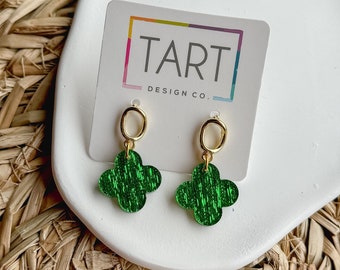 Gold and Green Shimmering Clover Dangles / Acrylic St Patricks Earrings