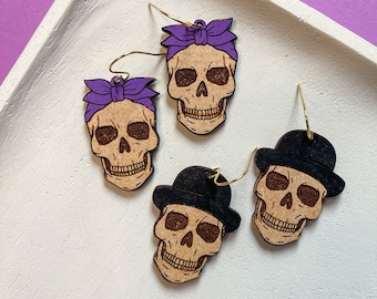 Skull Wooden Earrings / Engraved Wooden Halloween Earrings