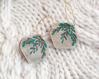 Holly Bauble Wooden Hoop Earrings