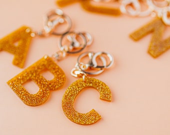 Gold Glitter Acrylic Letter Keychain and Bag Charm