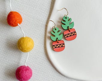 Potted Plant Wooden Dangle Earrings