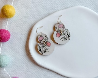 Painted Flowers Wooden Dangle Earrings