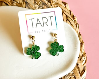 Green Four Leaf Clover Petite Dangles / St Patricks Earrings