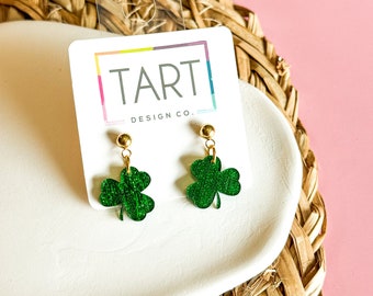 Green Four Leaf Clover Petite Dangles / St Patricks Earrings