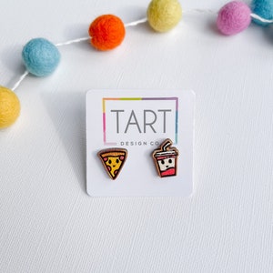 Pizza and Soda Stud Earrings: Birchwood Hand-Painted Stud Earrings