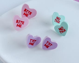 Customizable Engraved Acrylic "Candy" Heart Stud Earrings – Personalized Funny Valentine’s Gift