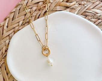 Golden Paper Clip with Fresh Water Pearl Pendant