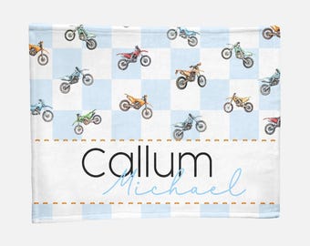 Checkered Dirt Bike Baby Blanket / Custom Name Blanket for Baby Boy