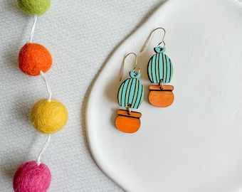Potted Cacti Wooden Dangle Earrings