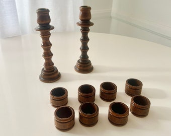 Vintage Wooden Candle Holders with Napkin Rings