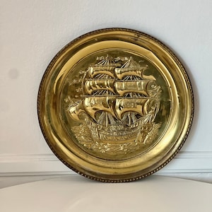 Vintage Brass Sailing Ship Wall Plaque Made in England