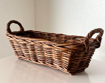 Vintage Woven Wicker Rectangular French Country Baguette Bread Basket with Handles