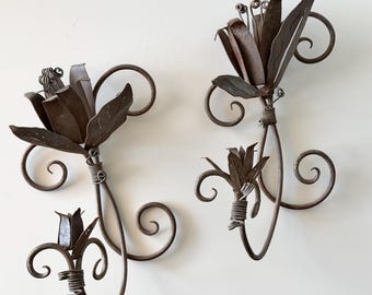 Pair of Vintage Wrought Iron Floral Wall Art Candle Scones | Mid Century Brutalist Metal Floral Art