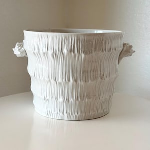 Vintage Italian Ceramic Cachepot White Mid Century Faux Bamboo Planter Seashell Handles