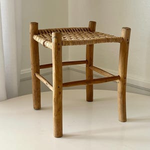 Vintage Woven Wicker and Wood Primitive Stool Made in Mexico