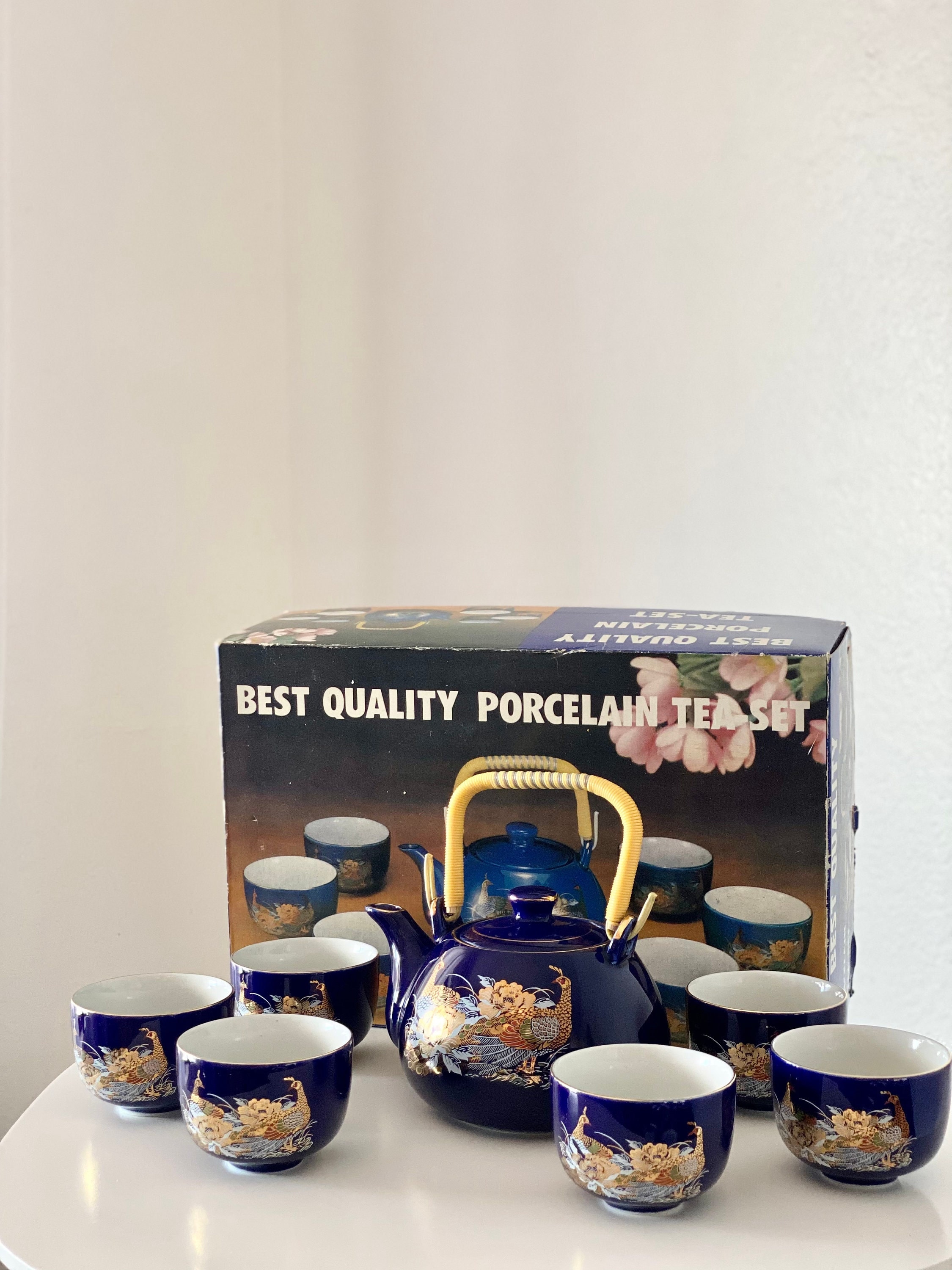 Vintage Porcelain Cobalt Blue Peacock Tea Set With Original Box