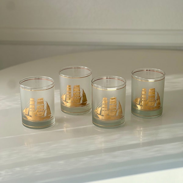 Set of Four Culver Gold Sailboat Ship Glasses | Vintage Culver Glassware