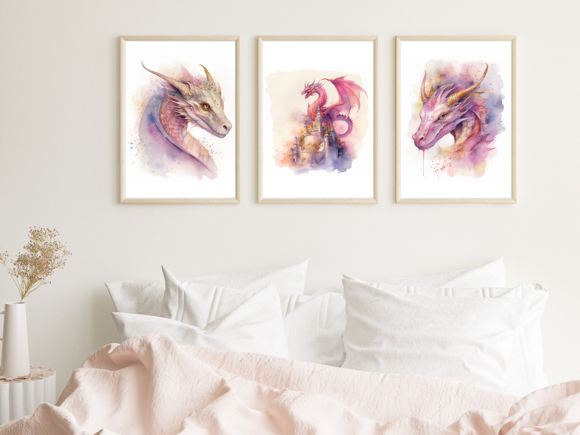 Watercolor Dragon Wall Art Set of 3 Prints, Feminine Pink Dragons ...