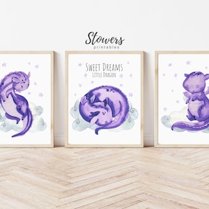 Dragon Watercolor Print, Set of 3, Dragon Prints, Purple Wall Art, Dragon Nursery Wall Art, Nursery Print, Dragon Poster, Dragon Wall Art