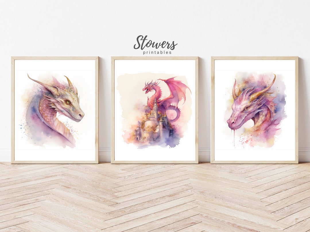 Watercolor Dragon Wall Art Set of 3 Prints, Feminine Pink Dragons ...