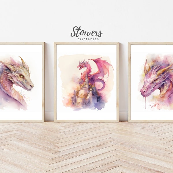 Watercolor Dragon Wall Art Set of 3 Prints, Feminine Pink Dragons, Fantasy Home Decor, Mythical Creatures Art, Digital Prints, Dragon Décor