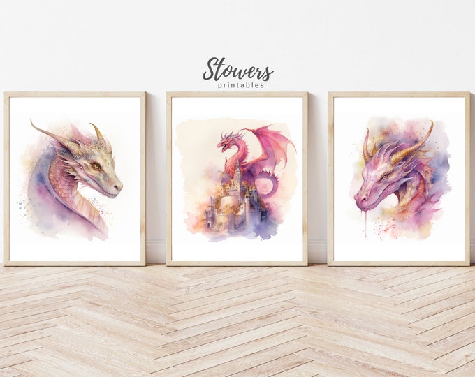 Watercolor Dragon Wall Art Set of 3 Prints, Feminine Pink Dragons ...