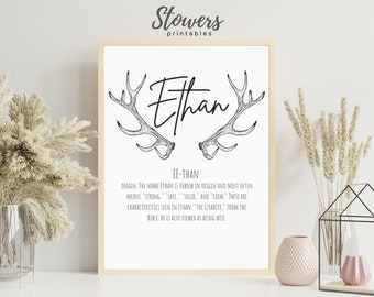 Ethan naambord, babynaamborden, naamprint, kunst aan de muur, minimalistische print, minimalistische kunst, moderne kunst, moderne posterprint, jongensnamen