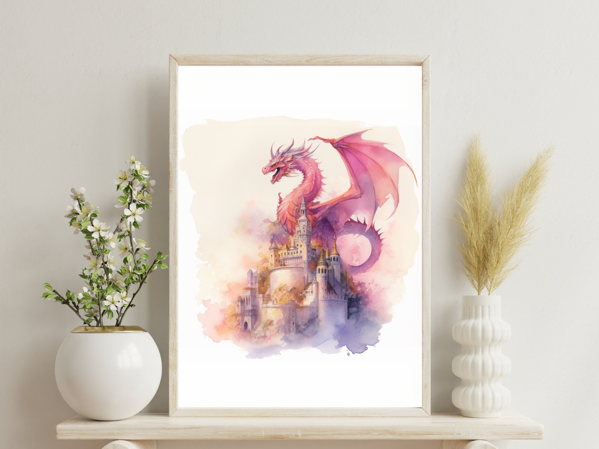 Watercolor Dragon Wall Art Set of 3 Prints, Feminine Pink Dragons ...