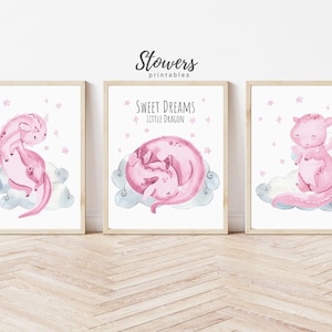 Dragon Watercolor Print, Set of 3, Dragon Prints, Pink Wall Art,Dragon Nursery Wall Art, Knight Nursery Print, Dragon Poster,Dragon Wall Art