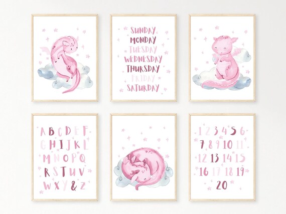 Set of 6 Abc Dragon Nursery Prints Nursery Wall Art Dragon - Etsy