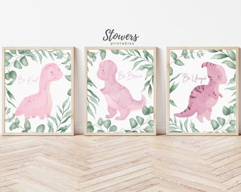 Girls Room Decor, Dinosaur Prints for Girls, Set of 3 Dinosaurs, Dinosaur girl wall art, Pink Green, Quotes, Dinosaur Print, Eucalyptus