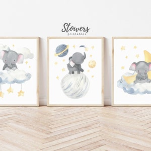 Elephant Print, Set of 3, Elephant Decor, Baby Elephant Nursery Print, Nursery Wall Art, Nursery Decor, Baby Shower Gift, Yellow, Gray Print